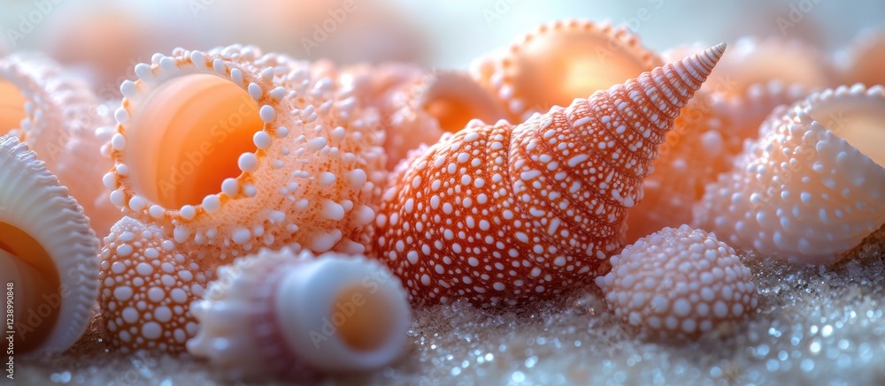 Poster colorful seashells scattered on sandy beach surface with soft focus and bokeh background copy space