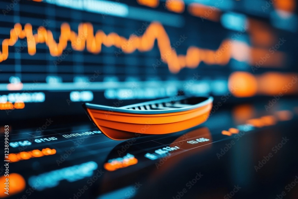 Poster impact investing and financial risk. colorful boat model on a digital background with graphical data