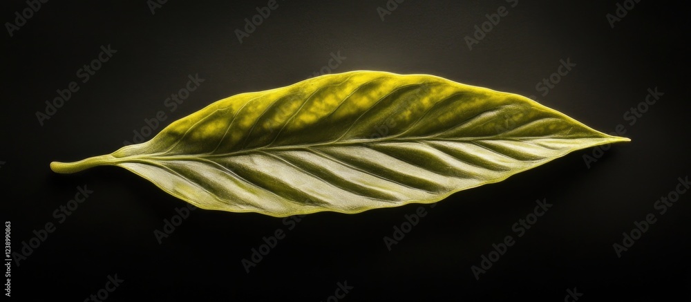 Poster green tropical leaf with prominent veins and textured surface on a dark background with copy space a