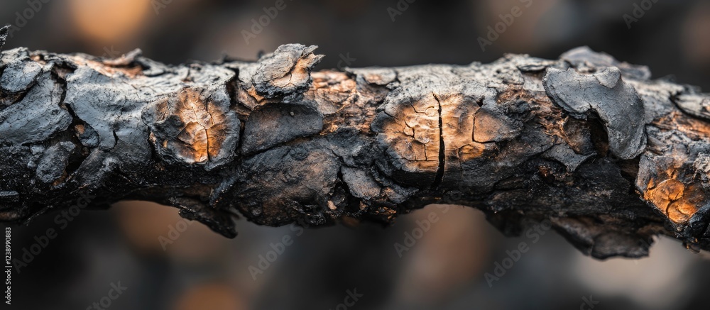 Poster burnt tree branch with textured bark remnants and visible charred areas against a dark blurred backg