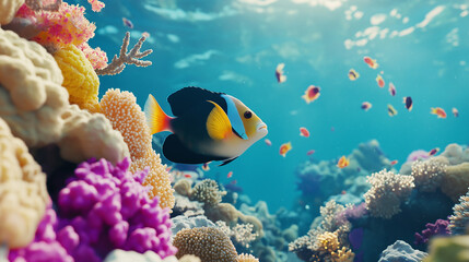 Obraz premium Vibrant tropical fish swimming among colorful coral reefs underwater