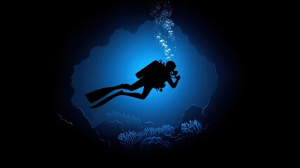 Diver Exploring Underwater Cave with Bubbles and Coral in Deep Blue Ocean Environment
