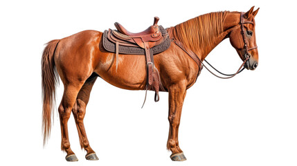 Fototapeta premium brown horse with rugged saddle stands proudly, showcasing its strength and beauty
