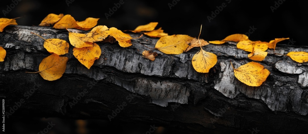 Poster autumn leaves on a log against a dark background with ample copy space for text.