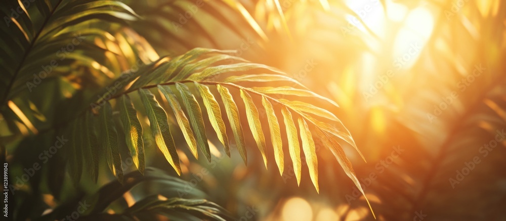 Poster sunlight filtering through tropical palm leaves creating a warm atmospheric background with copy spa