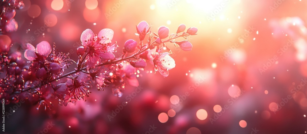 Poster cherry blossom branch with blurred background and sunlight bokeh creating a dreamy atmosphere copy s