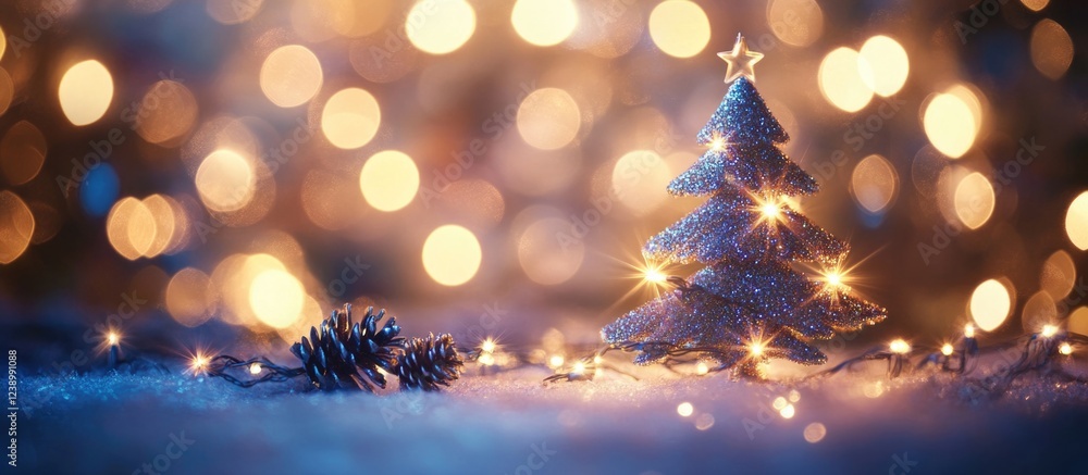 Aufkleber christmas tree with lights and pine cone on snow background bokeh lights copy space