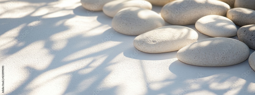 Poster lightly textured pebbles on a sandy surface with soft shadows cast, creating a tranquil natural comp