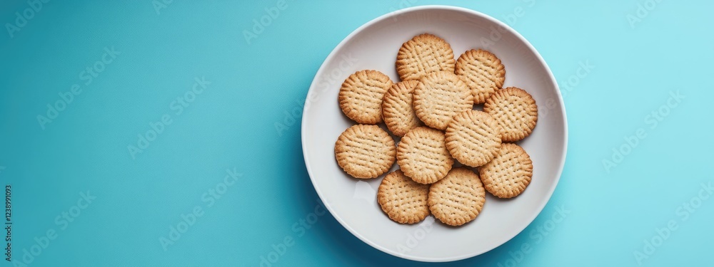 Aufkleber plate of round baked cookies arranged neatly on a blue background with ample copy space for text ins