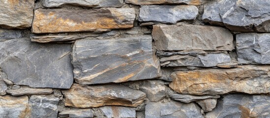 Textured natural stone wall background with varying shades of gray and brown stones arranged in a stacked pattern Copy Space