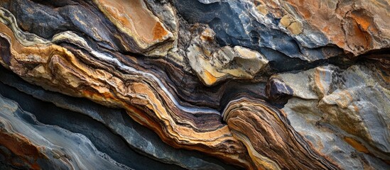 Obraz premium Colorful Striated Rock Formation with Layered Textures and Geological Patterns Copy Space