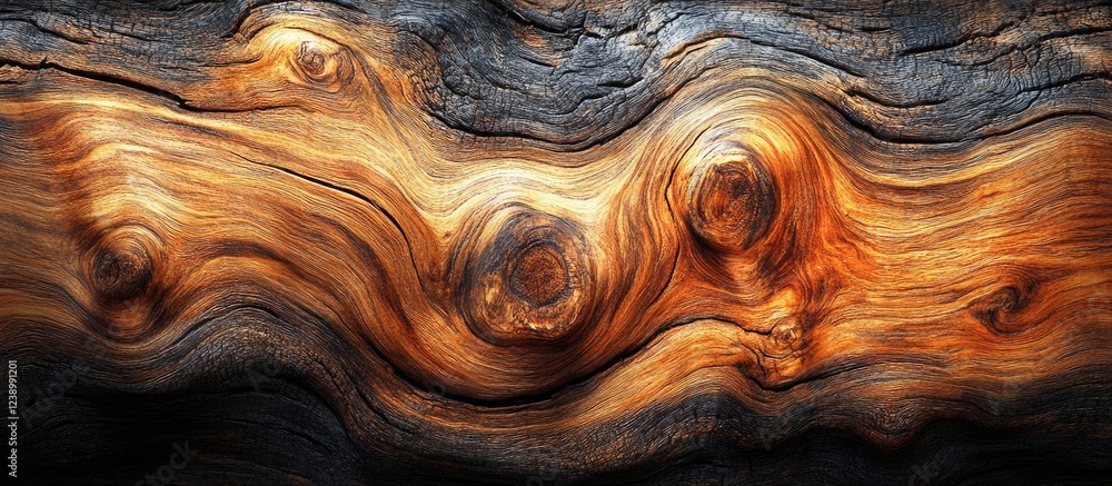 Aufkleber textured close-up of polished wood grain with colorful swirls and knots copy space for design usage