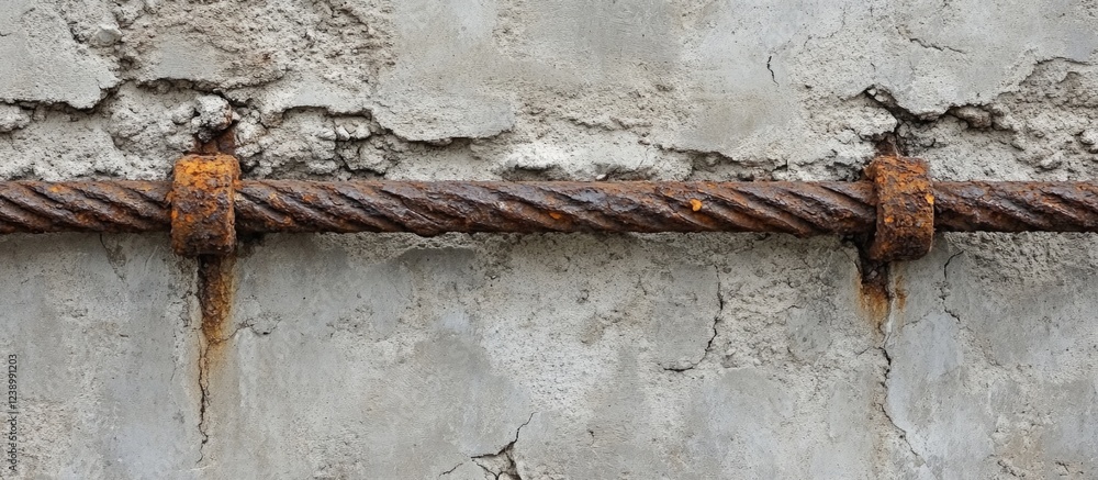 Poster rusty steel reinforcement bar embedded in a cracked concrete wall with visible deterioration and cor
