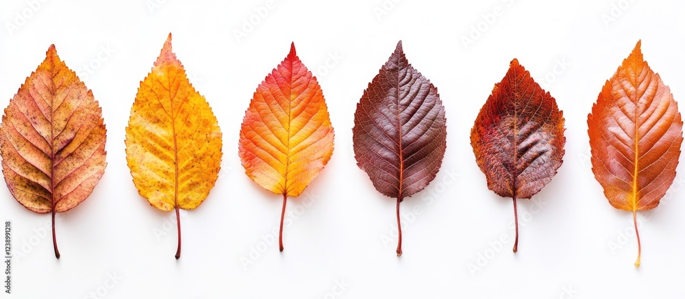 Aufkleber colorful autumn leaves arranged in a row showcasing gradient from yellow to deep red on a white back