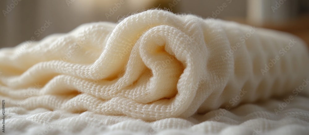 Poster soft white knitted blanket folded on a textured surface with gentle lighting and copy space for text