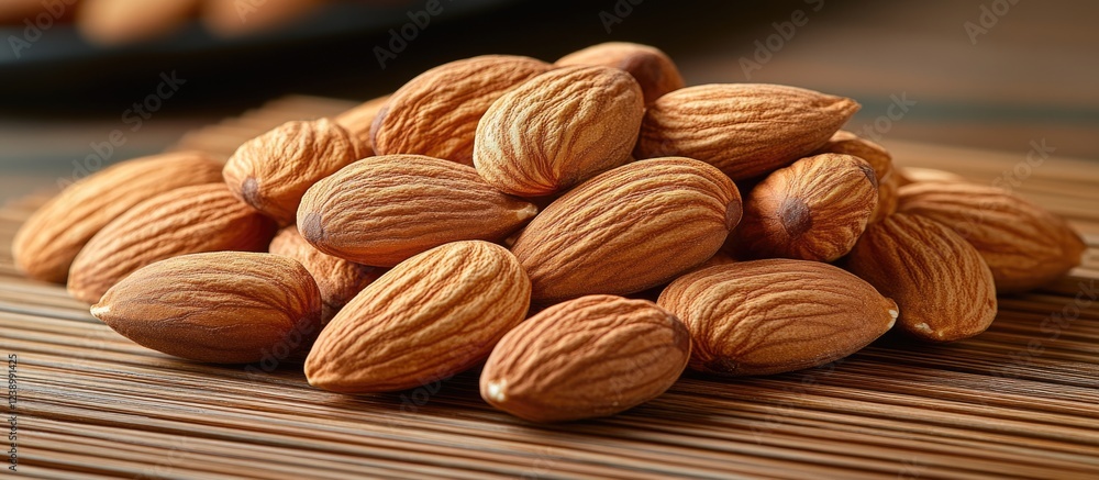 Poster raw almonds piled on a wooden surface with a blurred background and ample copy space for text placem
