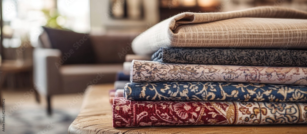 Poster stack of decorative fabrics in various colors and patterns on a wooden table with soft furniture in 