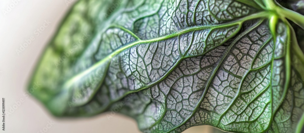 Poster close-up of a green leaf showcasing intricate vein patterns and textures with a soft background prov