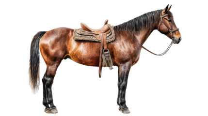 wild mustang horse with rustic saddle stands proudly in open field