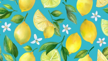 cute watercolor seamless pattern lemon on pastel bright blue background
