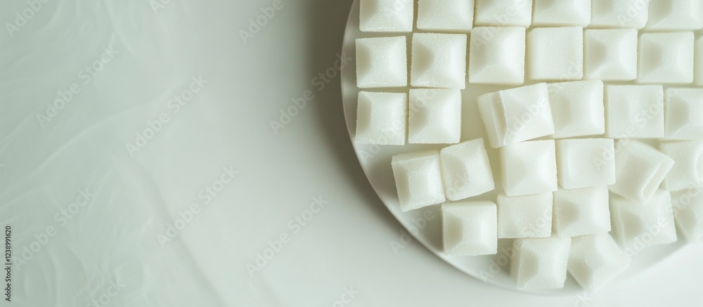 Poster white sugar cubes arranged neatly on a round plate with soft focus background and ample copy space