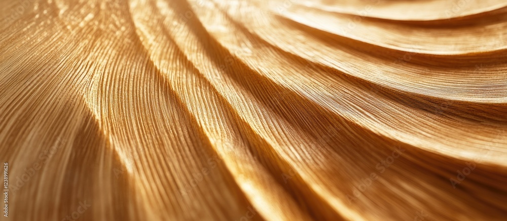 Poster close-up view of textured golden wood surface with wavy patterns and lines illuminated by natural li