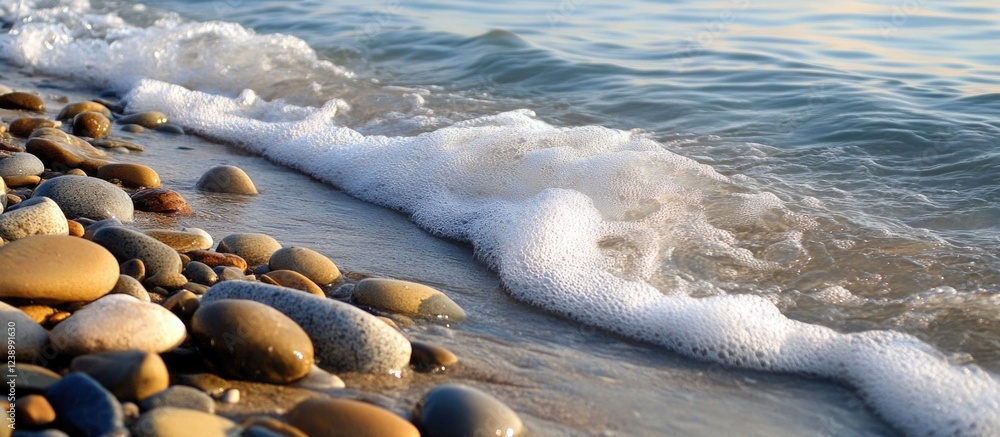 Poster waves lapping against smooth pebbles on a beach with clear water and soft foam copy space