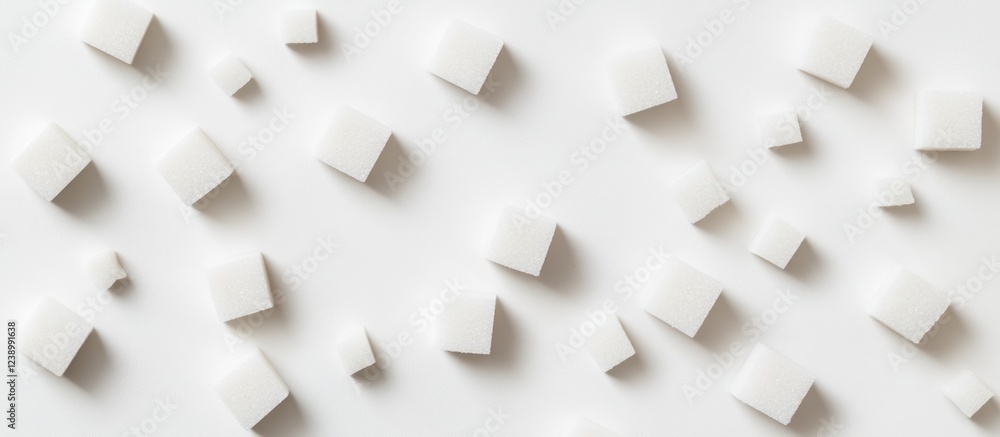 Poster white sugar cubes scattered on a light background with ample empty space for text or graphics copy s