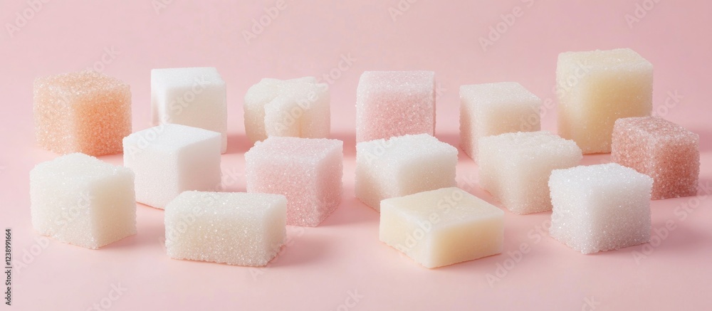 Aufkleber assorted colorful sugar cubes on pink background with text space