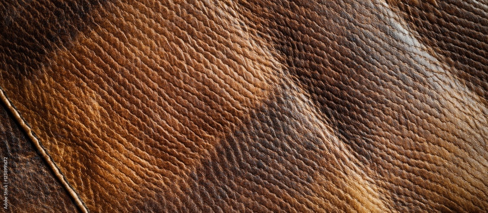 Poster close-up of aged leather texture showing detailed grain patterns and rich color variation, ideal for