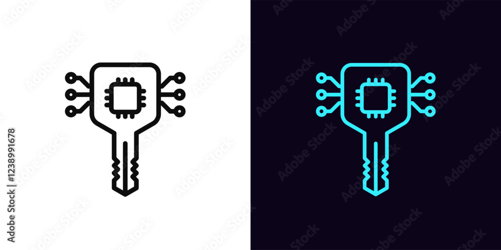 Poster outline digital key icon, with editable stroke. digital key with chip for secure access and system l
