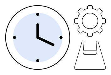 Clock with blue face and black hands, gear, and office desk icons. Ideal for themes of time management, productivity, tasks, efficiency, work-life balance organization project planning. Abstract