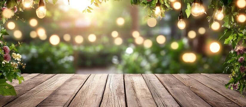 Wooden table with garden background featuring bokeh lights and greenery Copy Space