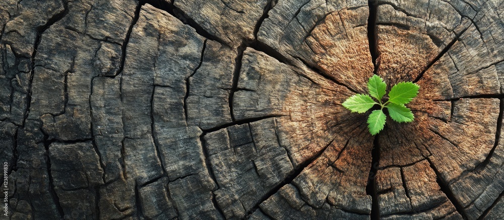 Poster new tree sprout emerging from tree stump detailed texture with cracks copy space