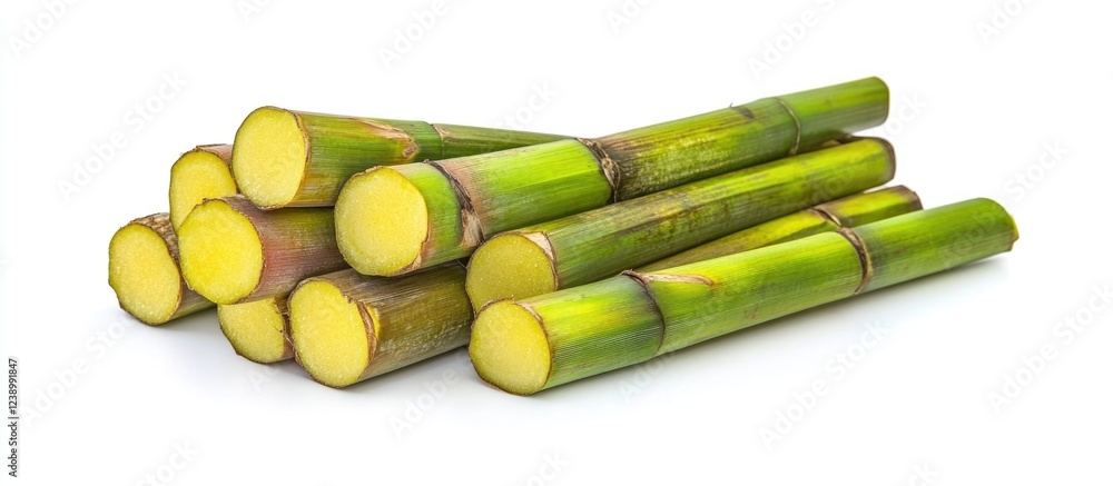 Poster fresh sugarcane stalks arranged in a pile with visible cross-sections and green outer skin on a whit