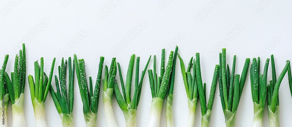Aufkleber fresh green onions arranged neatly on white background with copy space for text or graphics