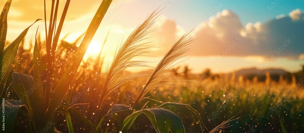Poster sunset over a field with illuminated grass and soft clouds in the background showcasing golden light