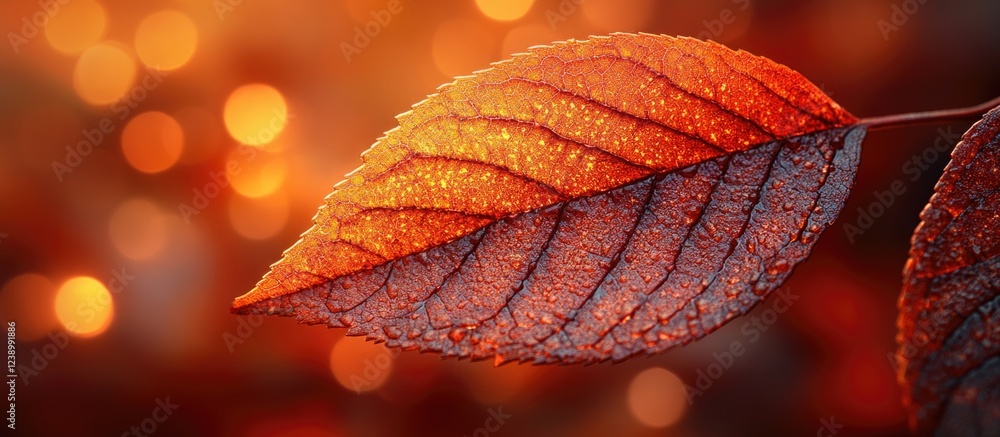 Poster close-up of orange autumn leaf with dew drops on surface against warm bokeh background copy space