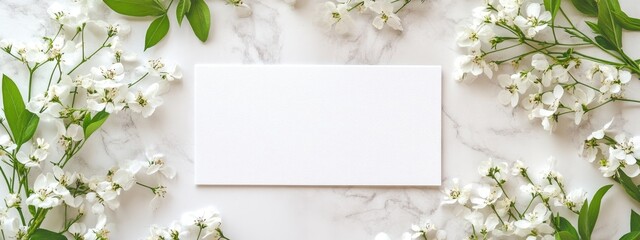 White blank card surrounded by delicate white flowers and green leaves on a marble background with copy space for text.