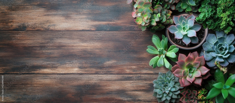 Poster succulent plants arrangement on rustic wooden background with copy space for text or design placemen