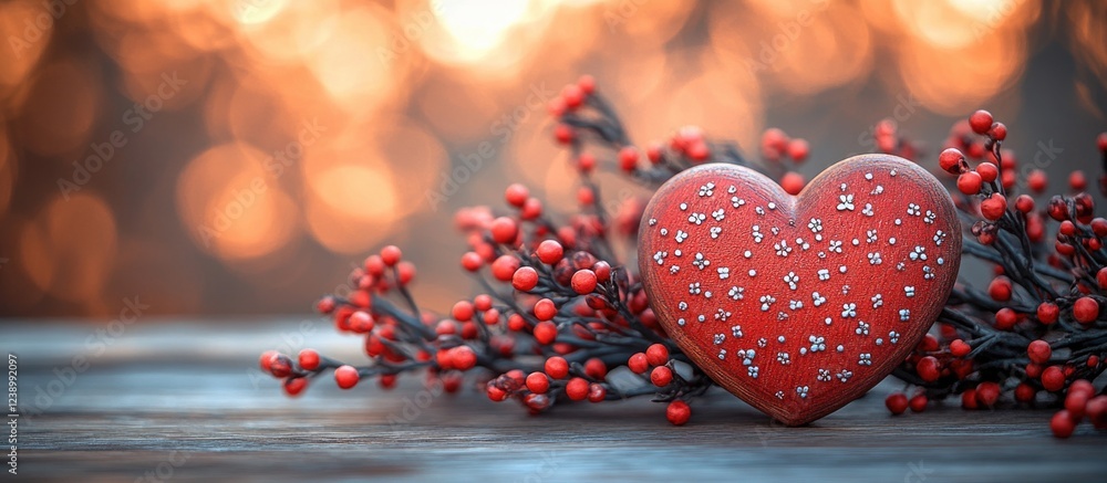 Poster red decorative heart on wooden surface surrounded by red berries with blurred bokeh background copy 