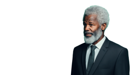 Serious senior businessman looking away on transparent background