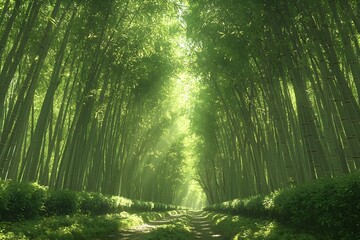Obraz premium A serene pathway through a lush green bamboo forest, illuminated by soft sunlight filtering through the tall bamboo stalks, creating a tranquil and peaceful atmosphere.