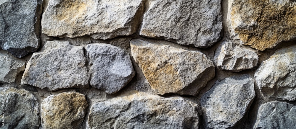 Poster textured stone wall background with various shapes and colors of rocks, suitable for design or const