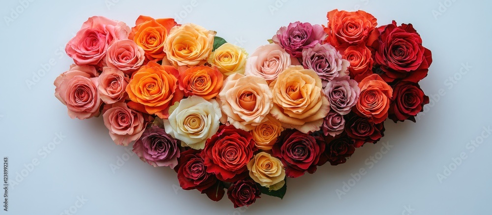 Poster heart-shaped arrangement of colorful roses on a light background with copy space for text placement.