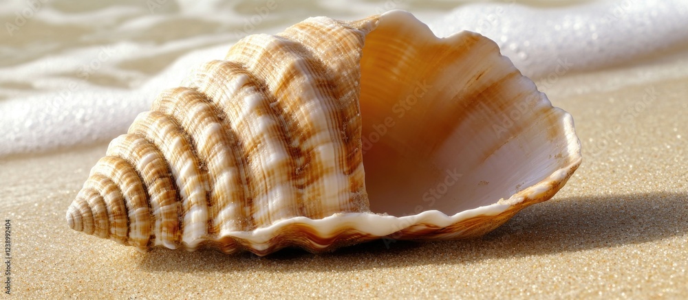 Poster close-up of a seashell on sandy beach with gentle ocean waves in the background and copy space for t