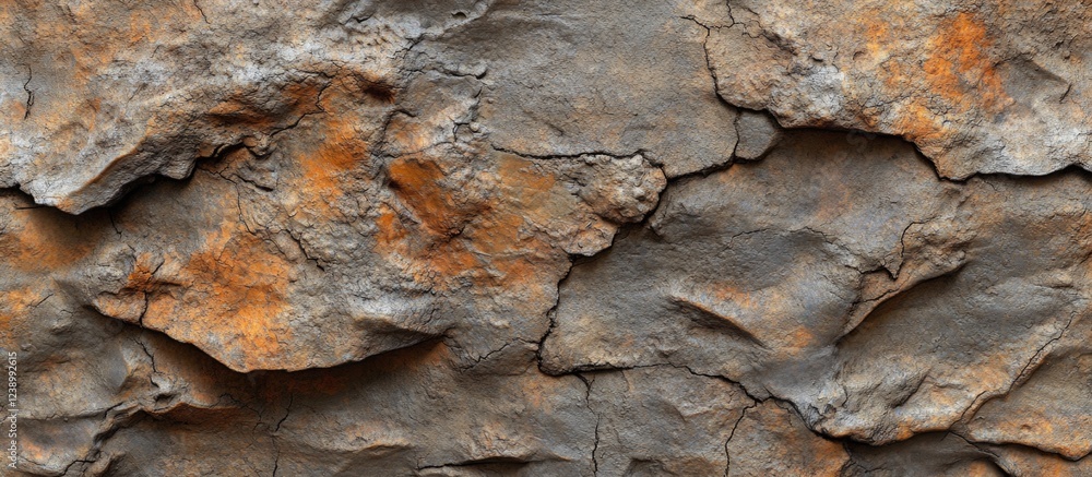 Poster textured surface of weathered rock with shades of gray and orange showing natural erosion patterns a