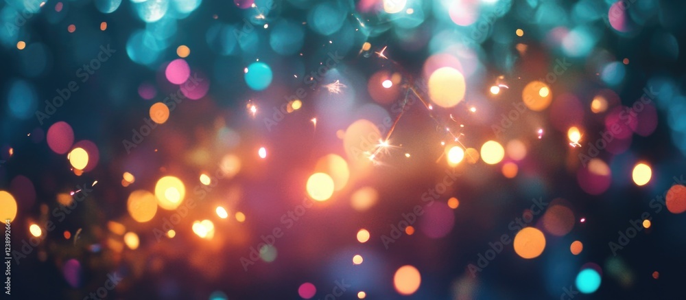 Poster colorful bokeh background with bright sparkling lights and gradients copy space