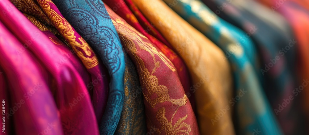 Poster vibrant colorful textiles hanging in a row showcasing intricate patterns and rich fabric textures co