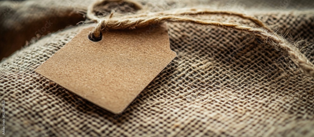 Aufkleber brown paper tag attached to burlap fabric with jute twine and copy space for text